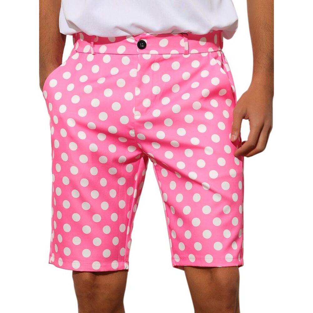 Pink Polka Dots Shorts Flat Front Summer Dress Chino Golf Shorts
